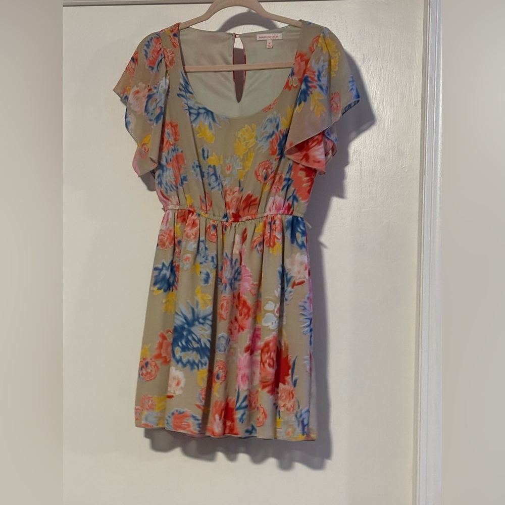 Floral Flutter Sleeve Mini Dress - Beige/Pastel